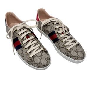 Gucci GG Supreme Web Stripe Ace Sneakers Red Blue Metallic Heel Tabs EU 38